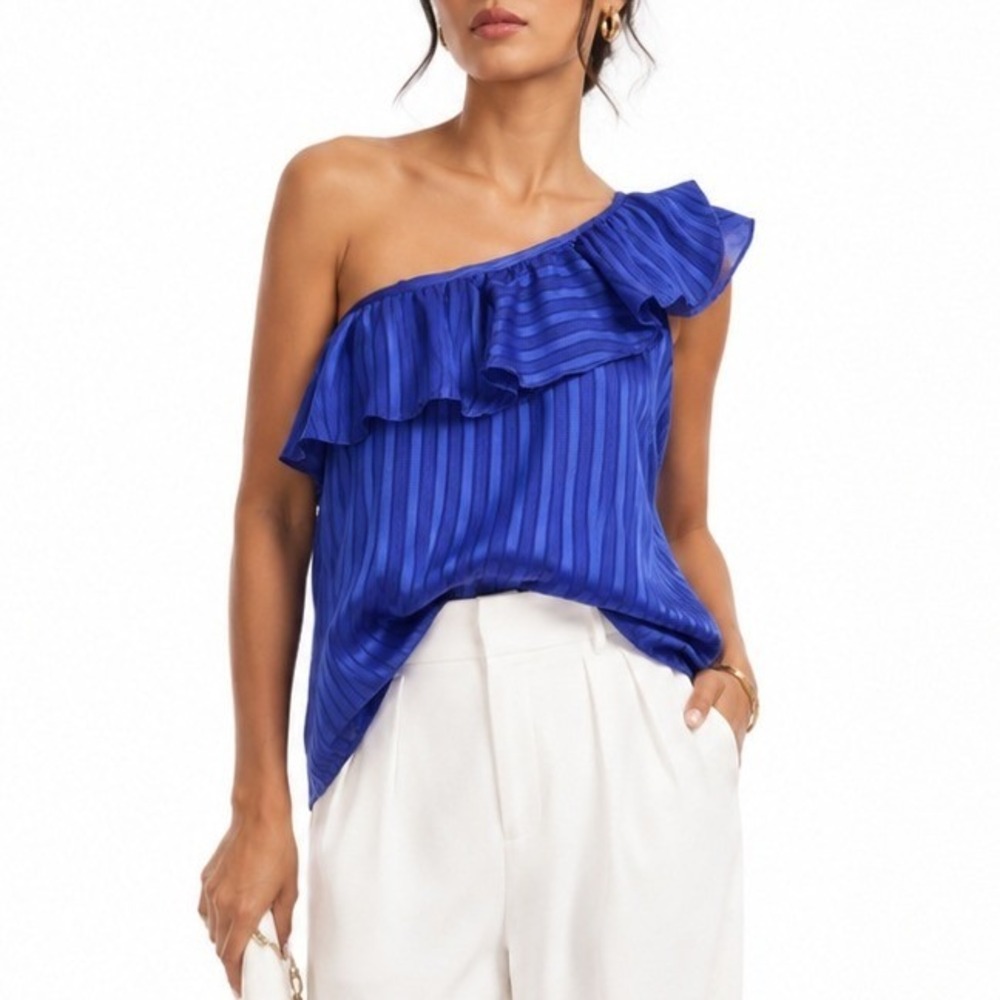 White House Black Market One Shoulder Ruffle Top Blue Metallic Stripe 8 New